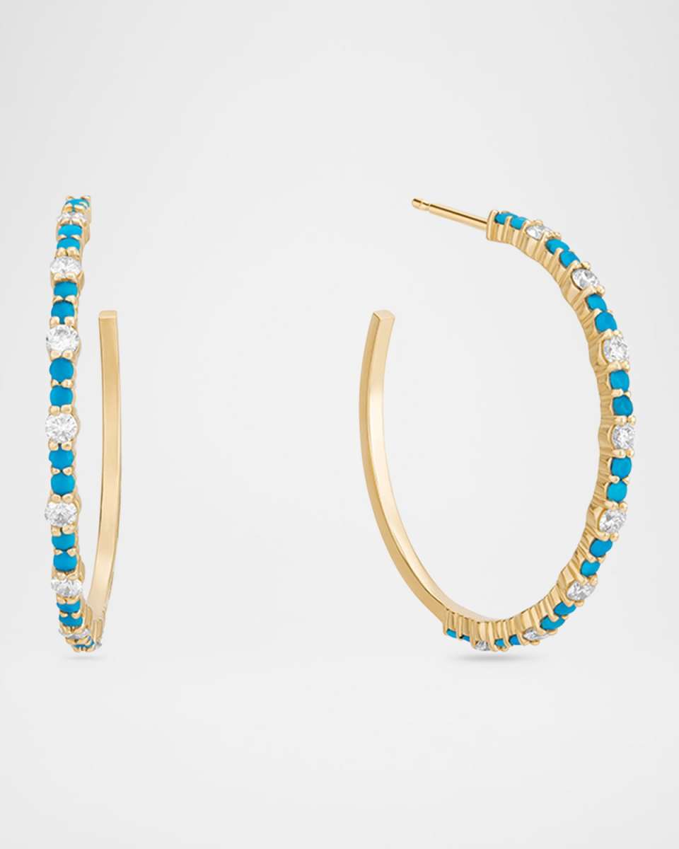 Small Turquoise and Diamond Hoop Earrings, 30mm